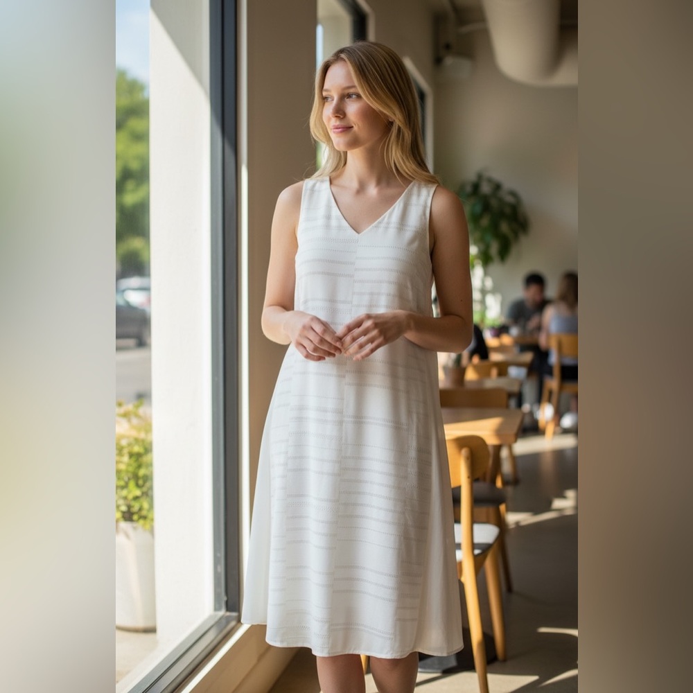 A.L.C. Gigi Shift Dress Womens 8 White Tonal Beaded Sleeveless V Neck Crepe Mini